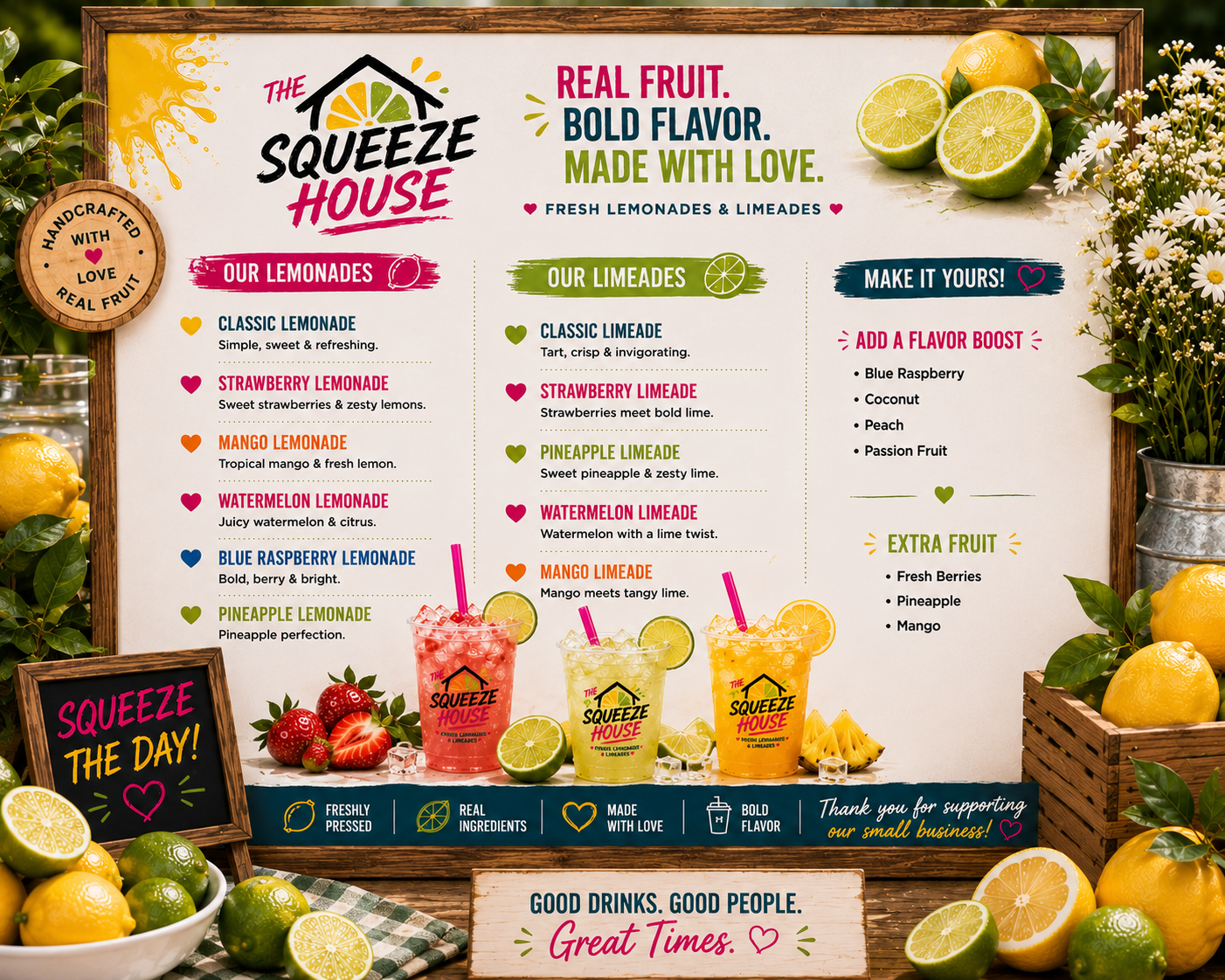 The Squeeze House flavor lineup: OG Classic, Strawberry Blush, Mango Haze, Watermelon Wave, Electric Blue, Pineapple Twist
